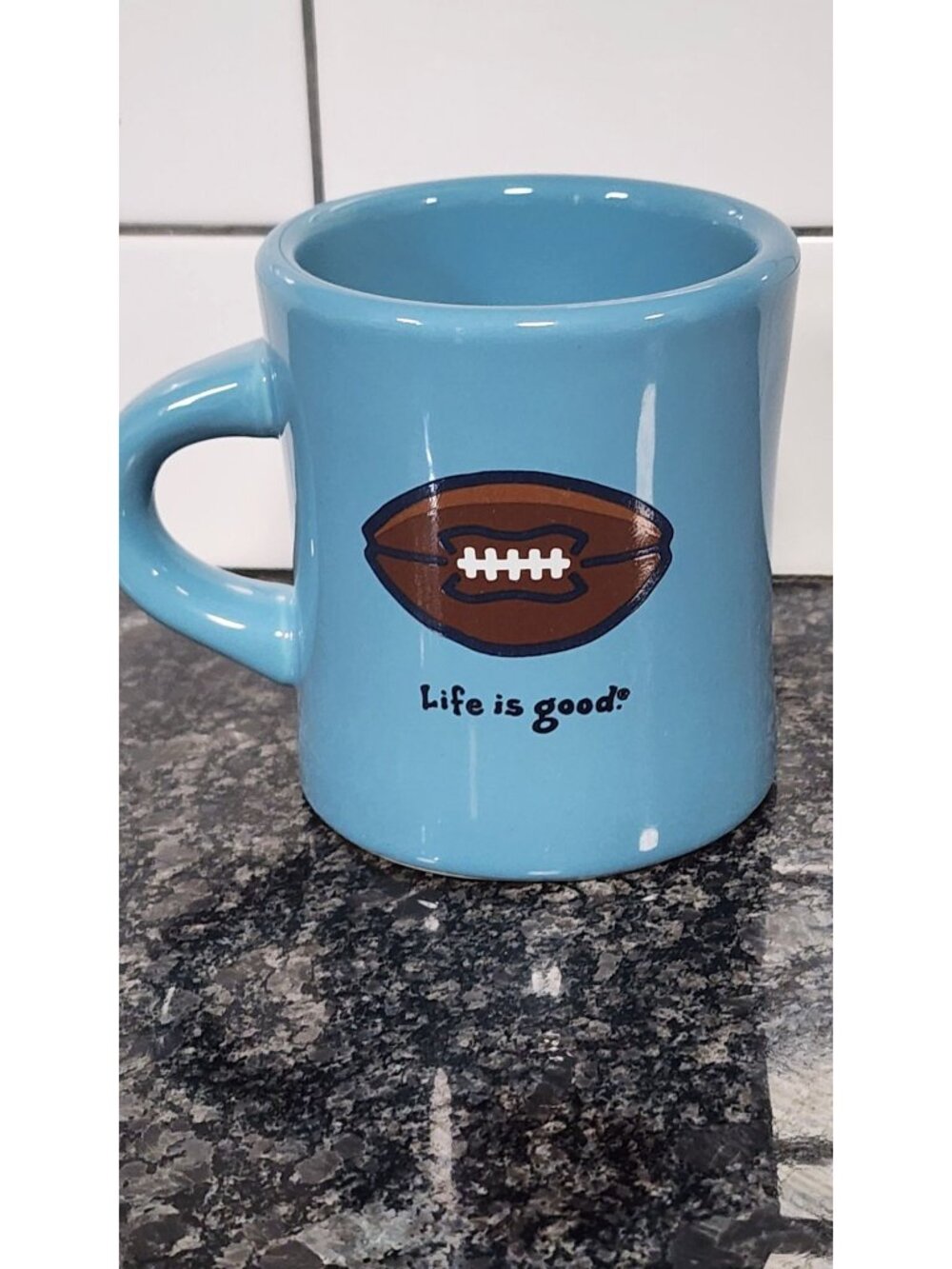 LIFE IS GOOD HOME FOOTBALL COFFEE MUG CERAMIC BLUE DO WHAT YOU LIKE WHAT YOU DO